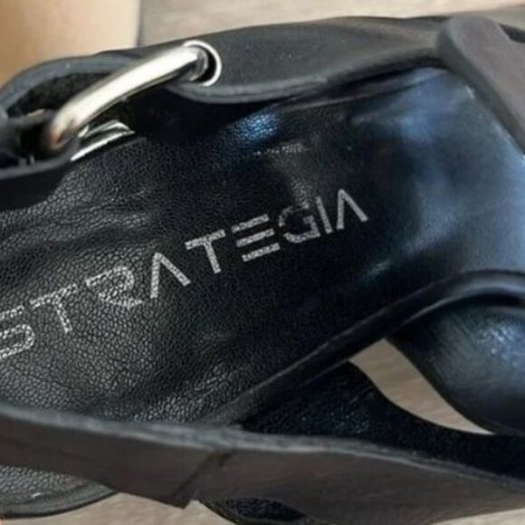 Strategia Black Leather Block Heel Sandals Size 36 - Picture 3 of 5